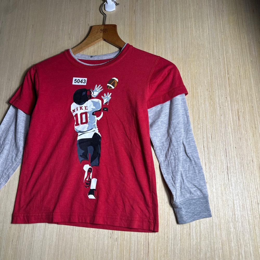 Nike T Shirt Kids Size 7 Red Grey Football Graphic Layered Long Sleeve Tee - Picture 3 of 10